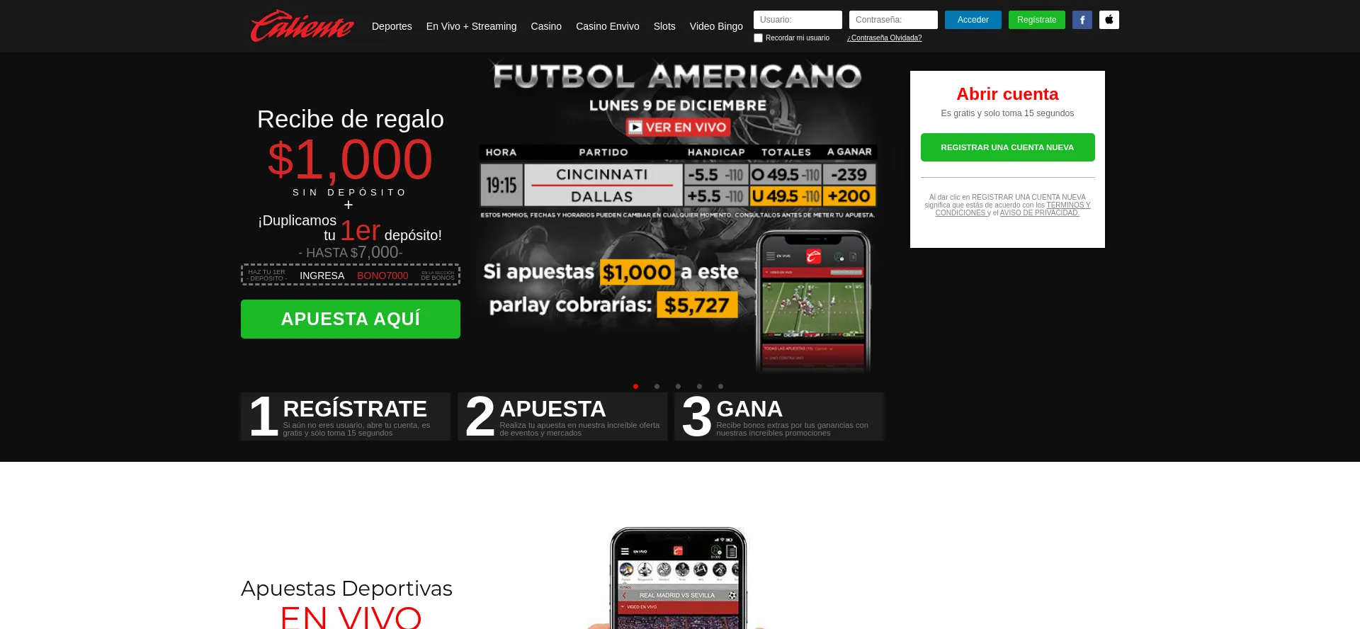Website screenshot of Caliente.mx