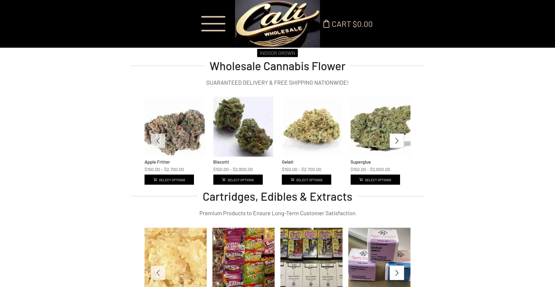 Website screenshot of Caliwholesalecannabis.com