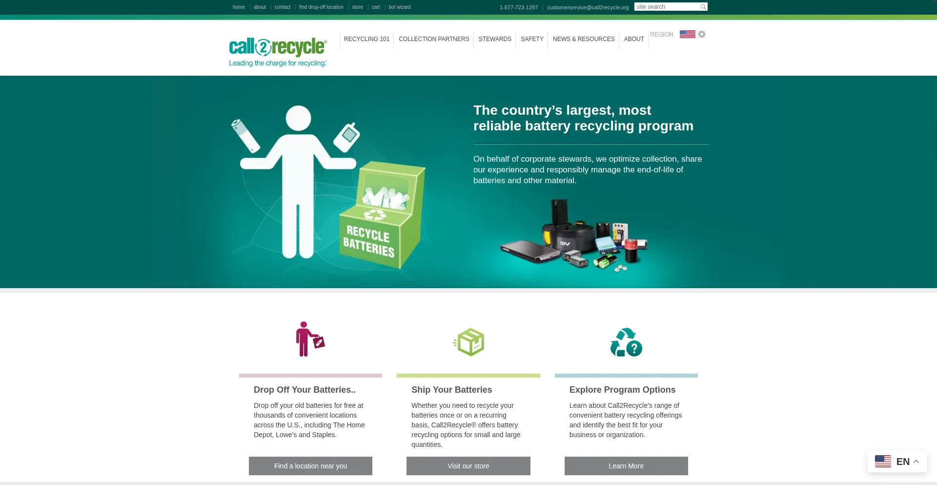 Website screenshot of Call2recycle.org