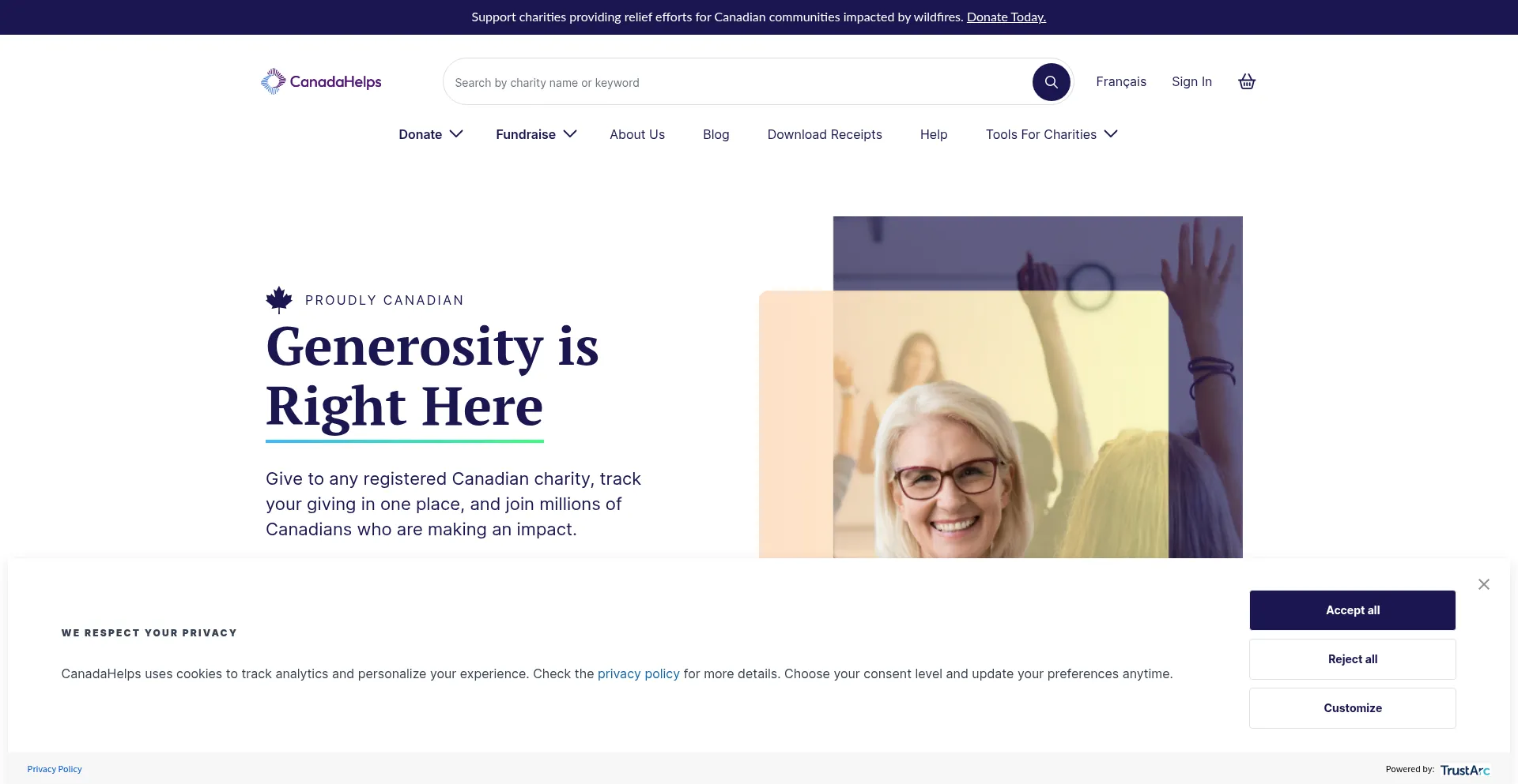 Website screenshot of Canadahelps.org