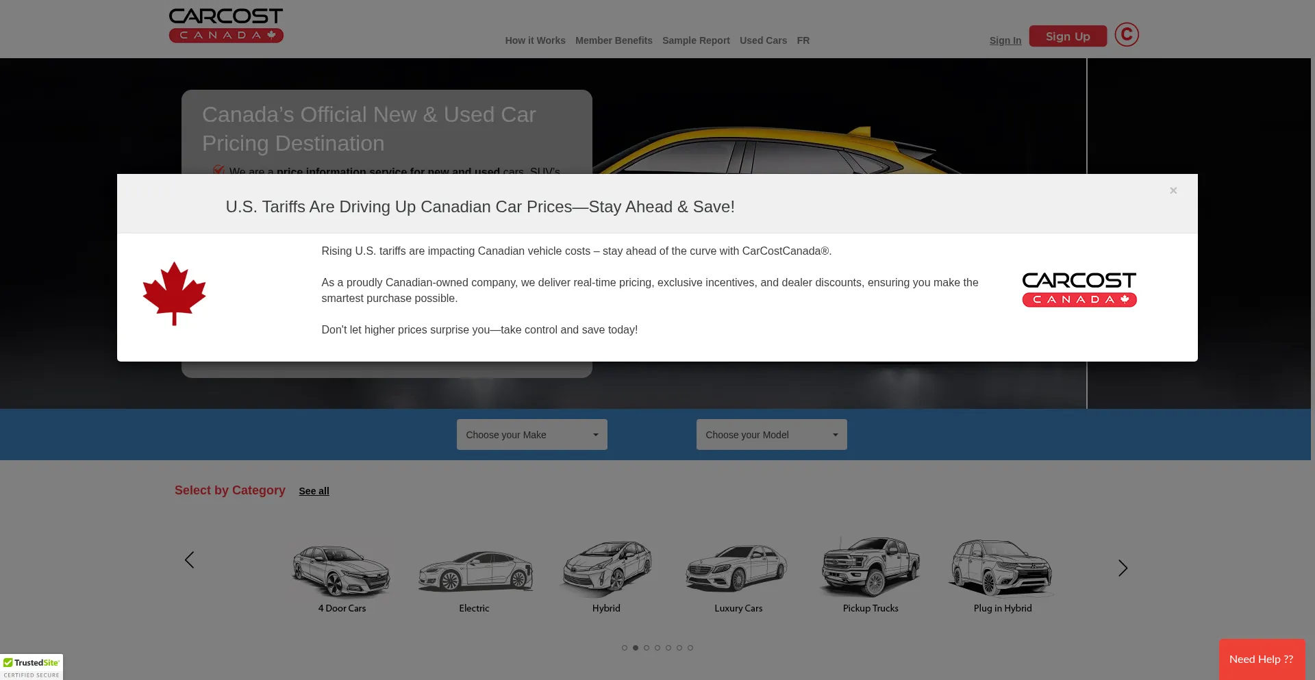 Website screenshot of Carcostcanada.com