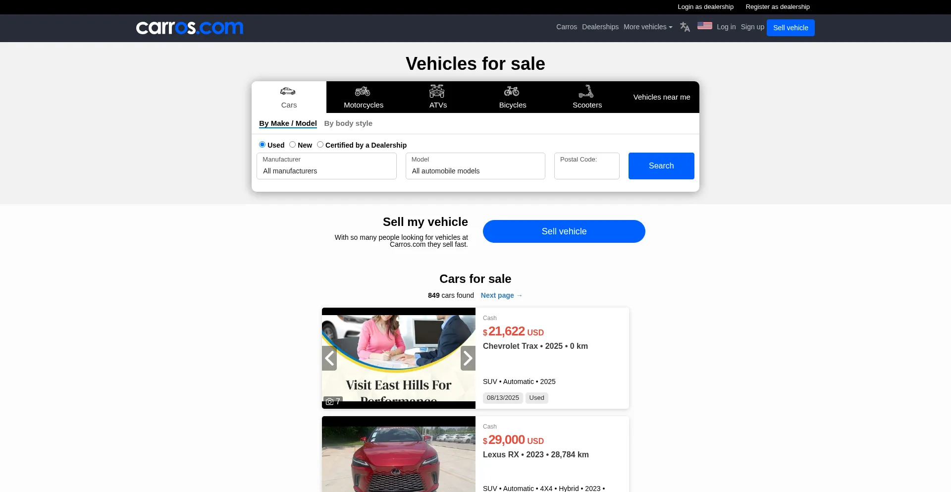Website screenshot of Carros.com