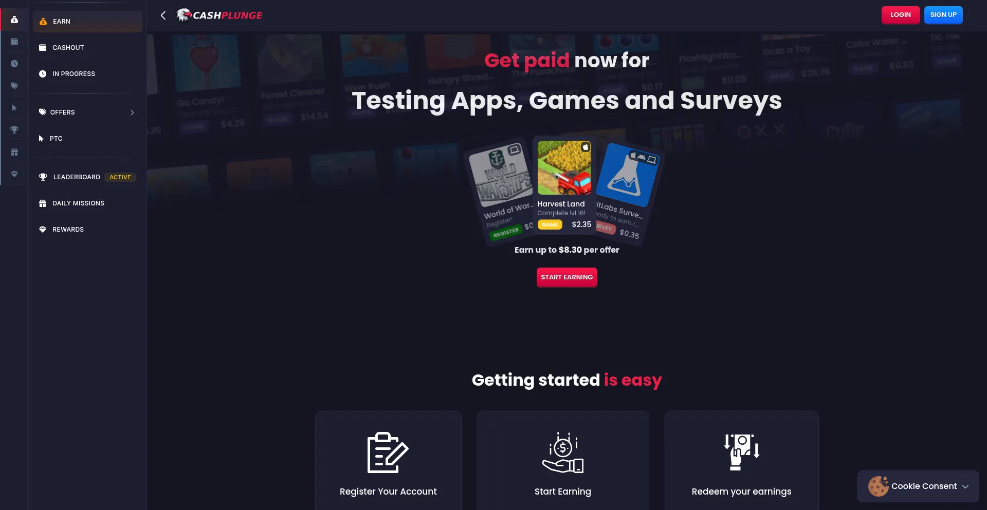 Website screenshot of Cashplunge.com