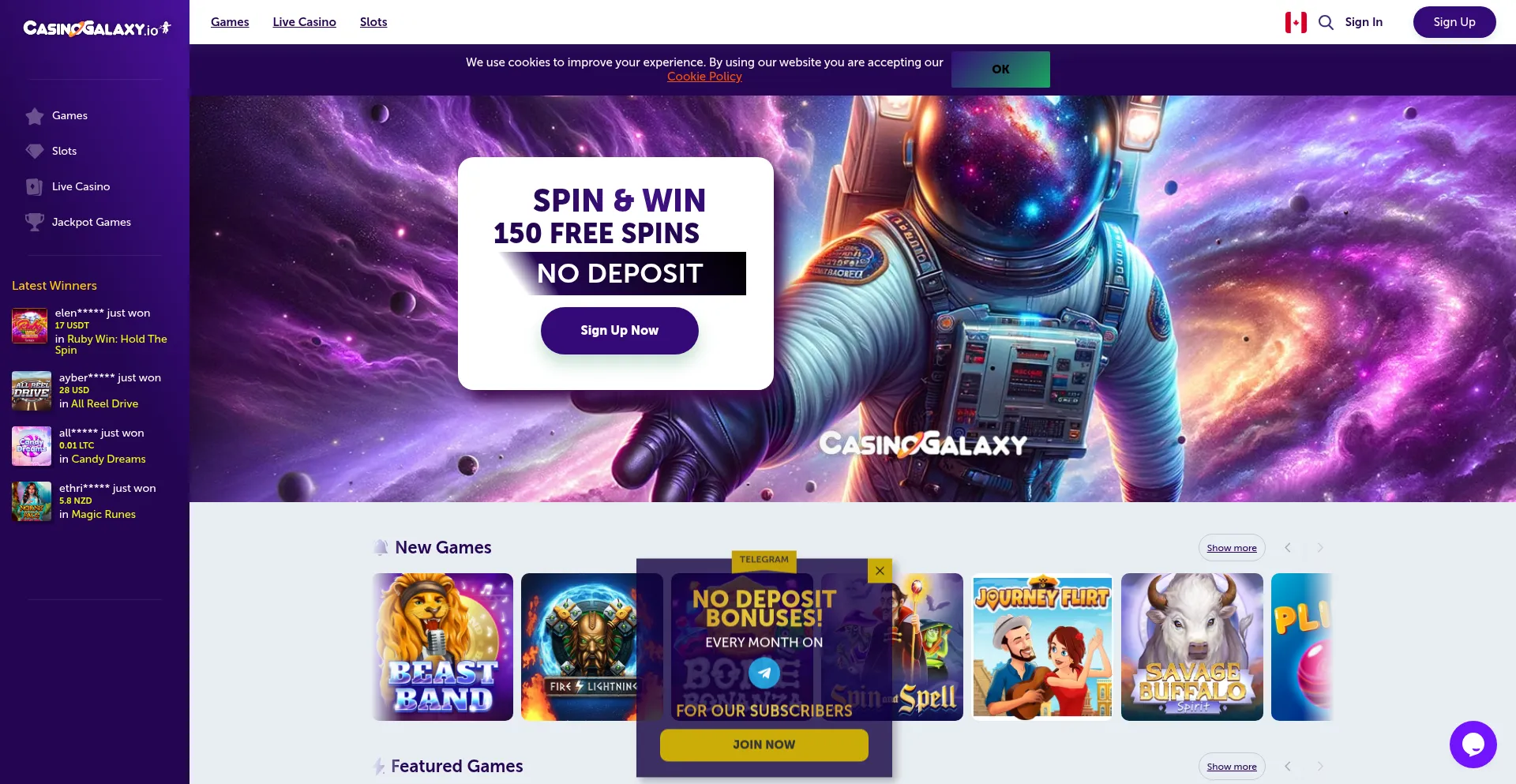 Website screenshot of Casinogalaxy.io
