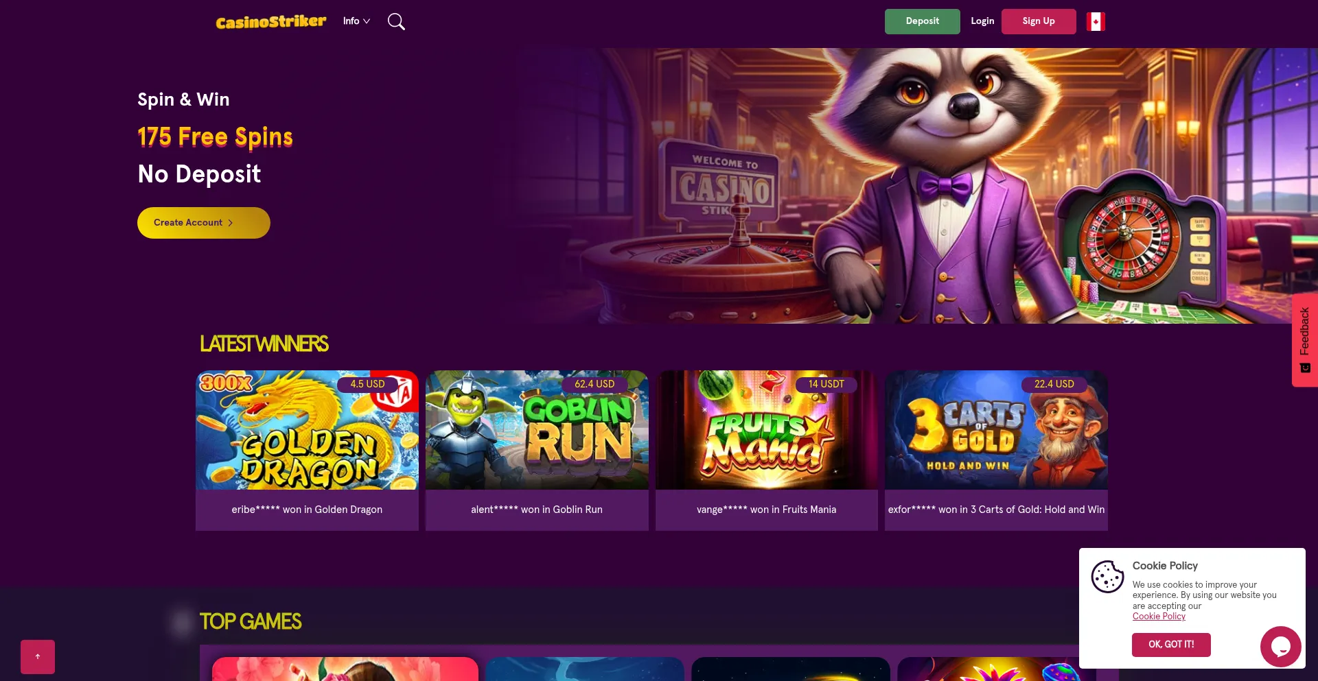Website screenshot of Casinostriker.com