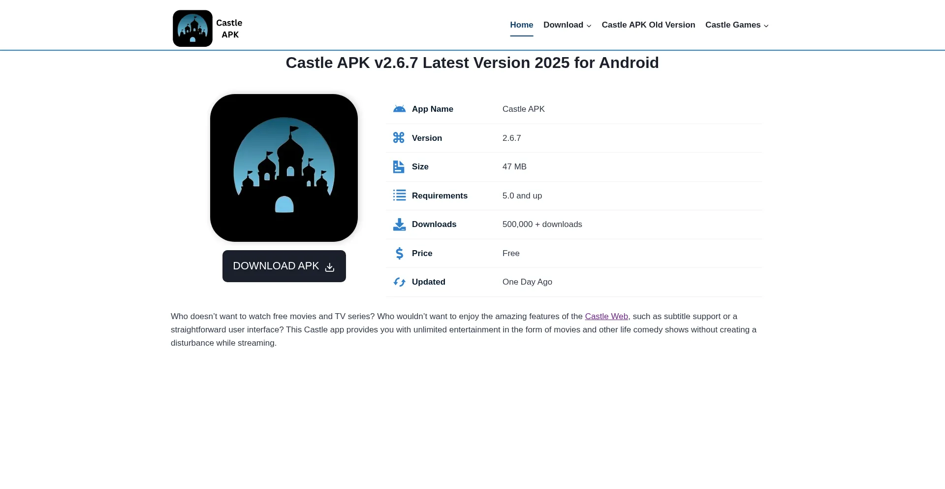 Website screenshot of Castlleapk.com