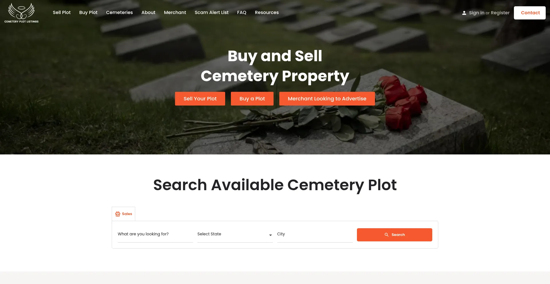 Website screenshot of Cemeteryplotlistings.com