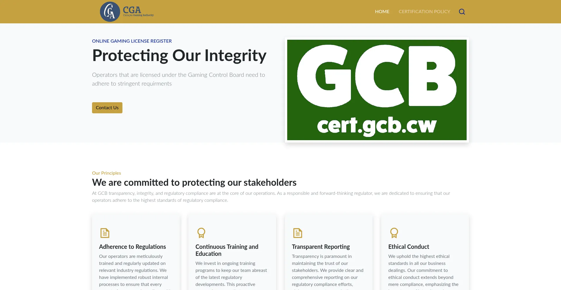 Website screenshot of Cert.gcb.cw
