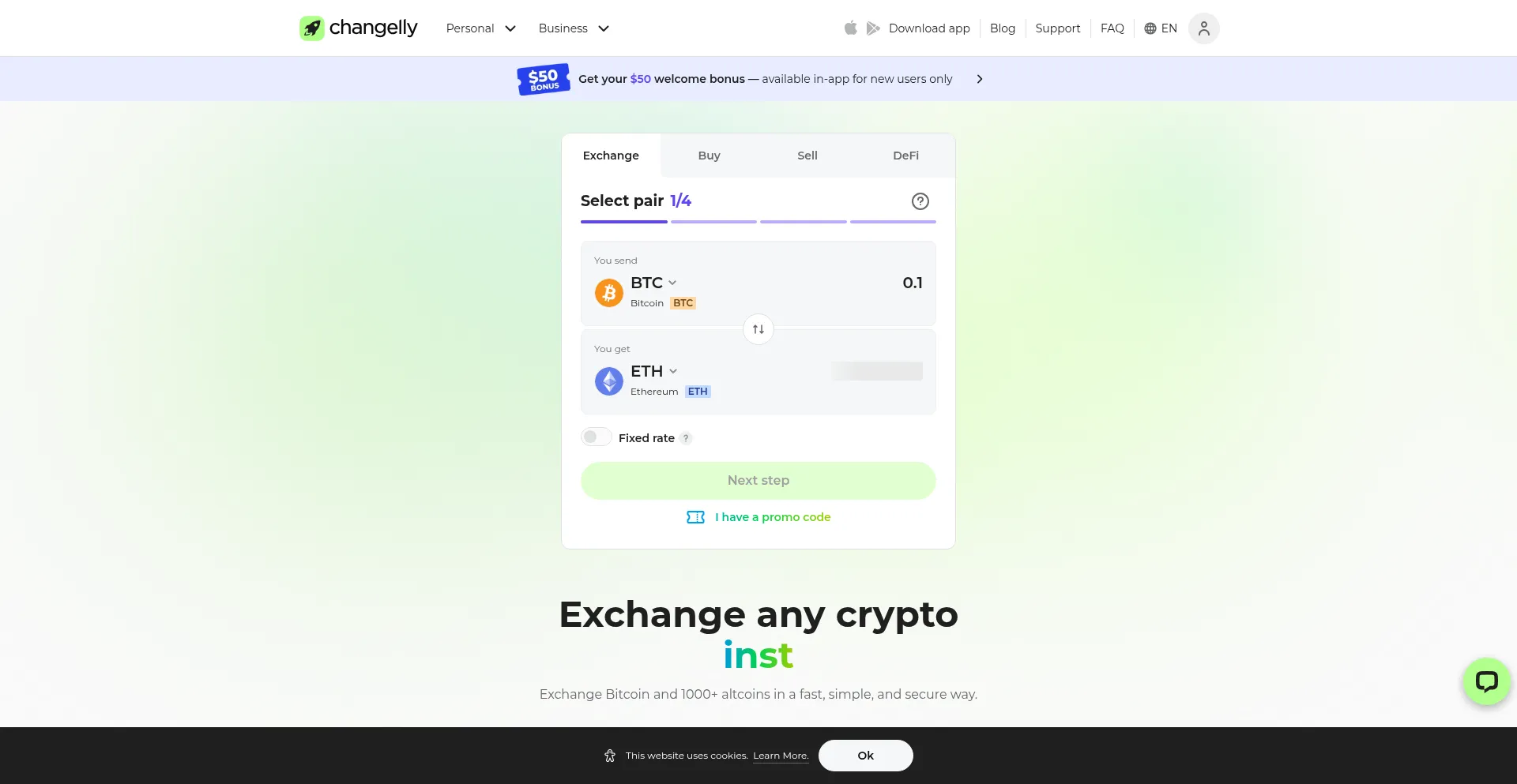 Website screenshot of Changelly.com