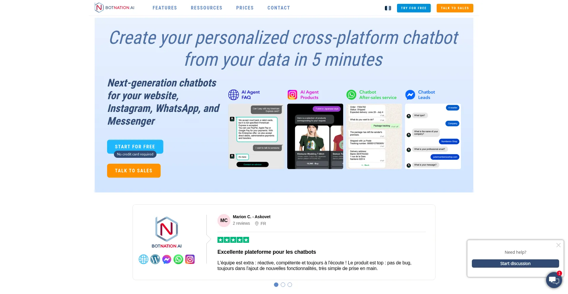 Website screenshot of Chatbox.botnation.ai