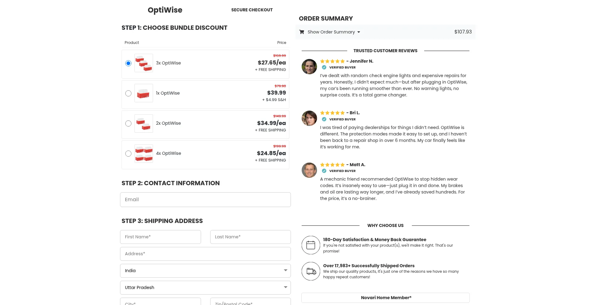 Website screenshot of Checkout.novarihome.com