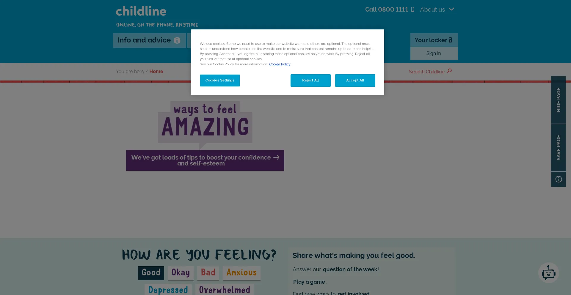 Website screenshot of Childline.org