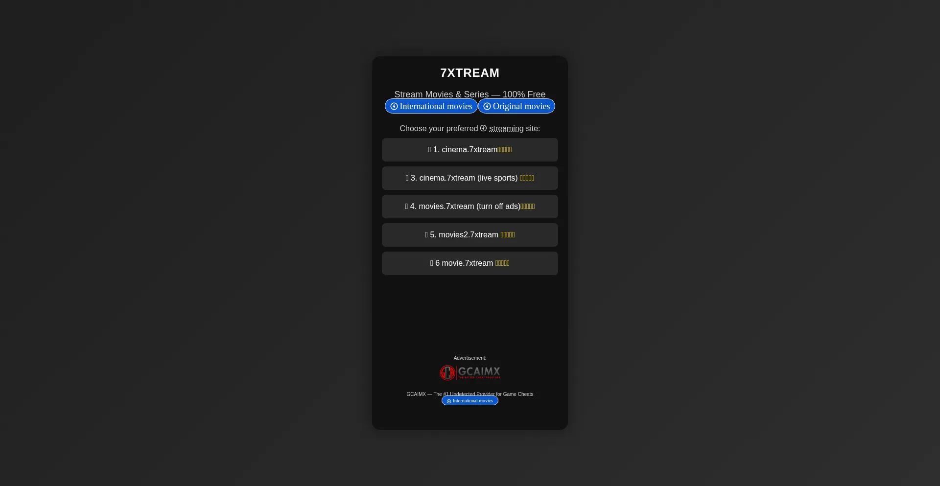 Website screenshot of Cinema.7xtream.com