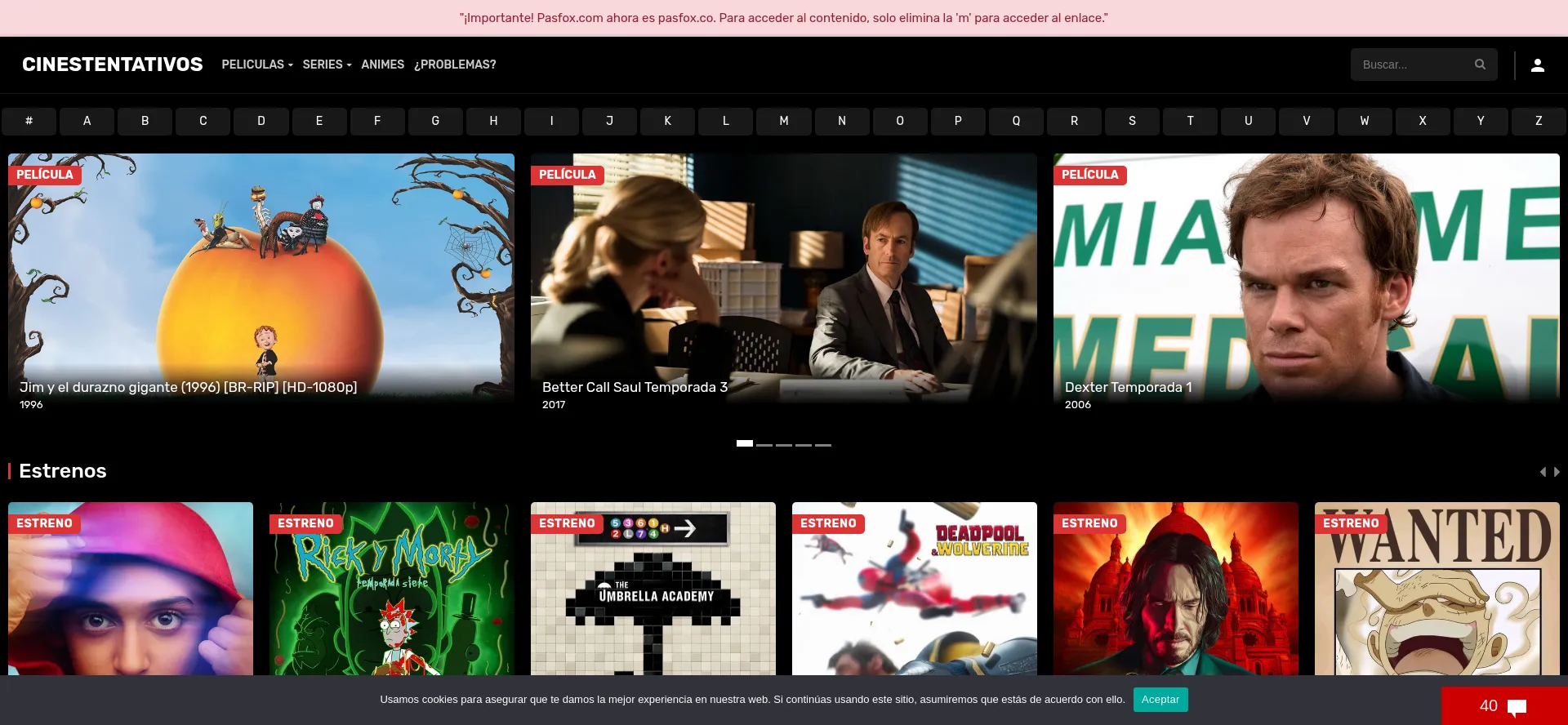 Website screenshot of Cinestentativos.com