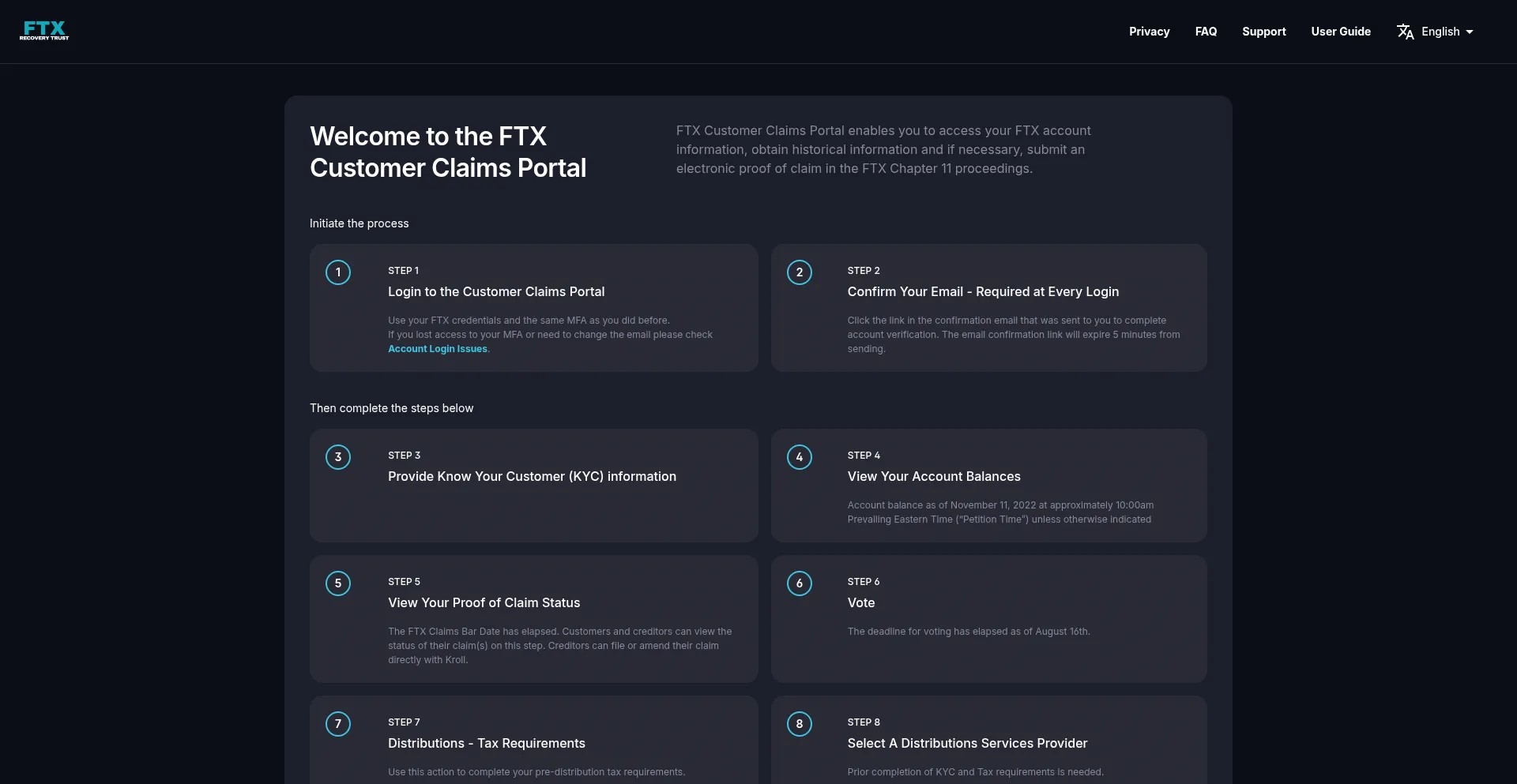 Website screenshot of Claims.ftx.com