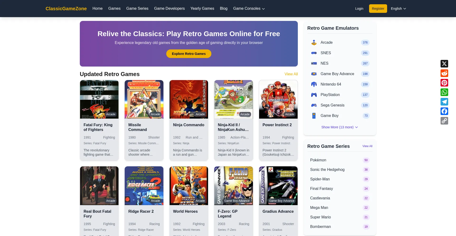 Website screenshot of Classicgamezone.com