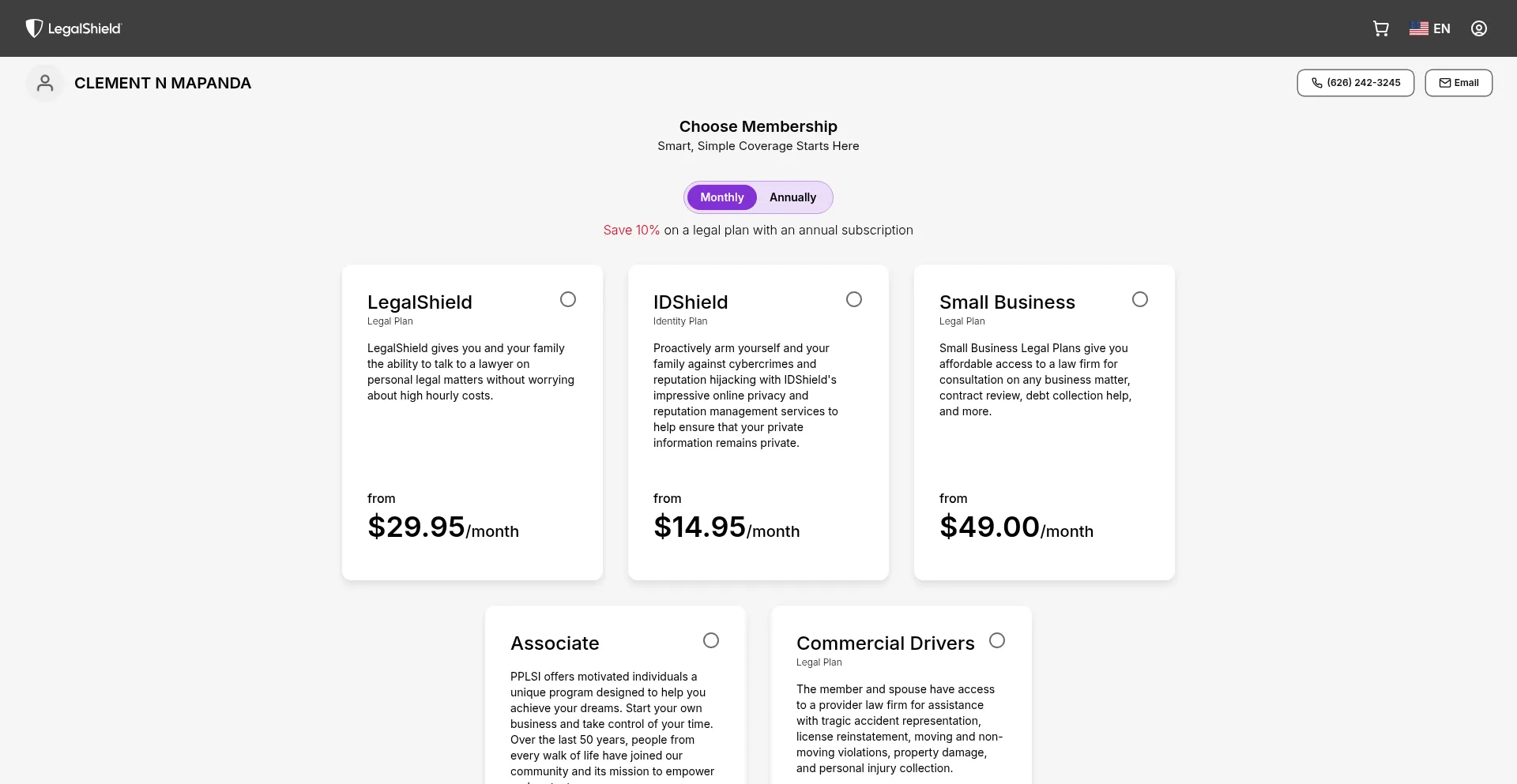 Website screenshot of Clementmapanda.legalshieldassociate.com