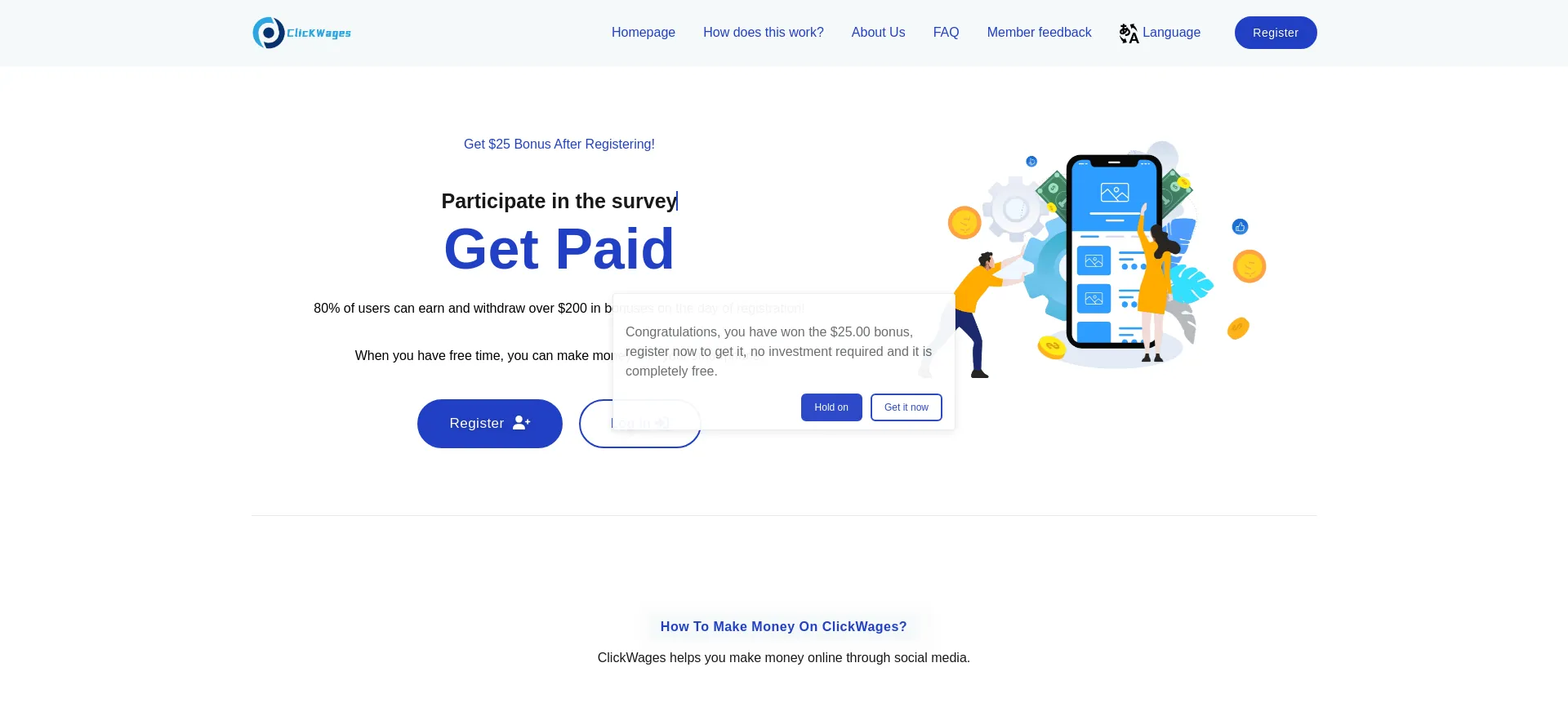 Website screenshot of Click8bswages.top