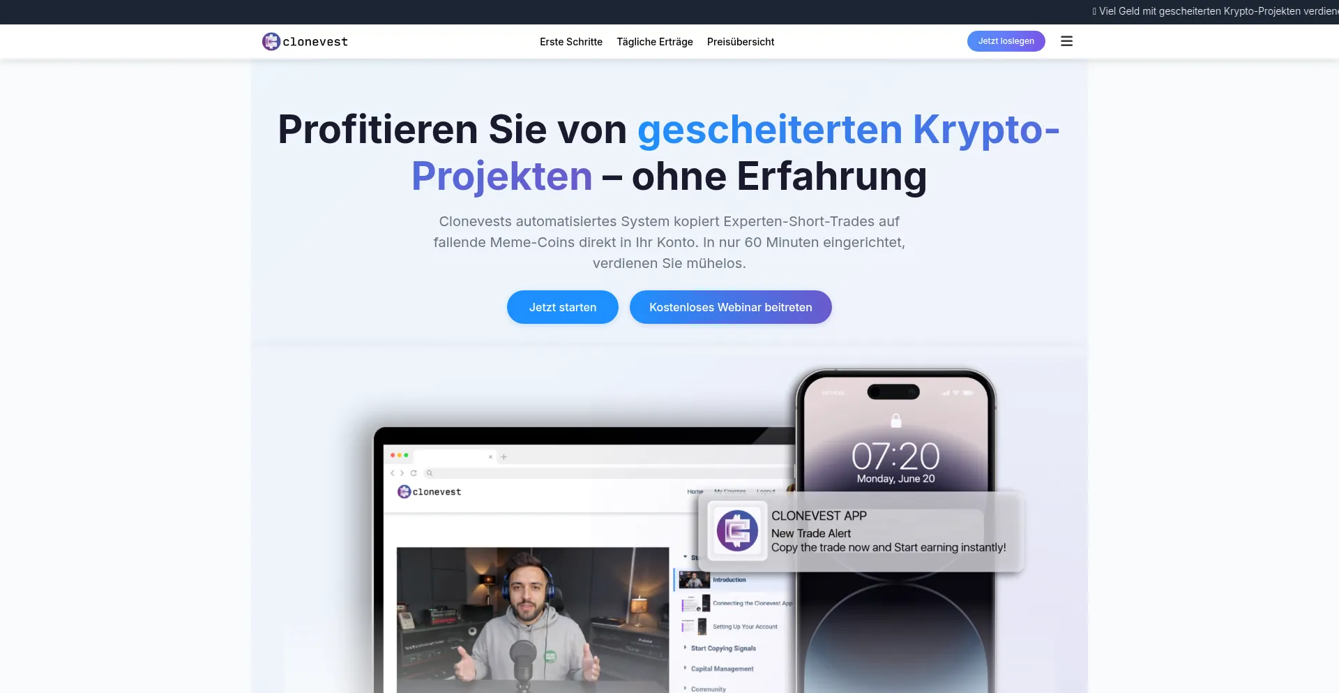 Website screenshot of Clonevest.online