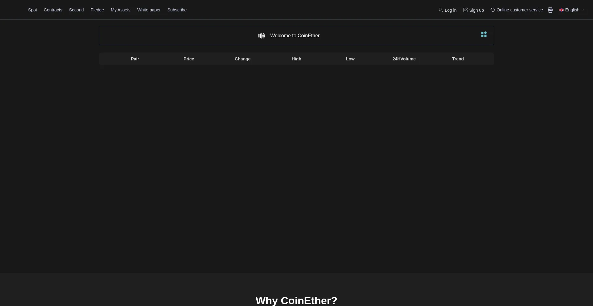 Website screenshot of Coinether-ex.com