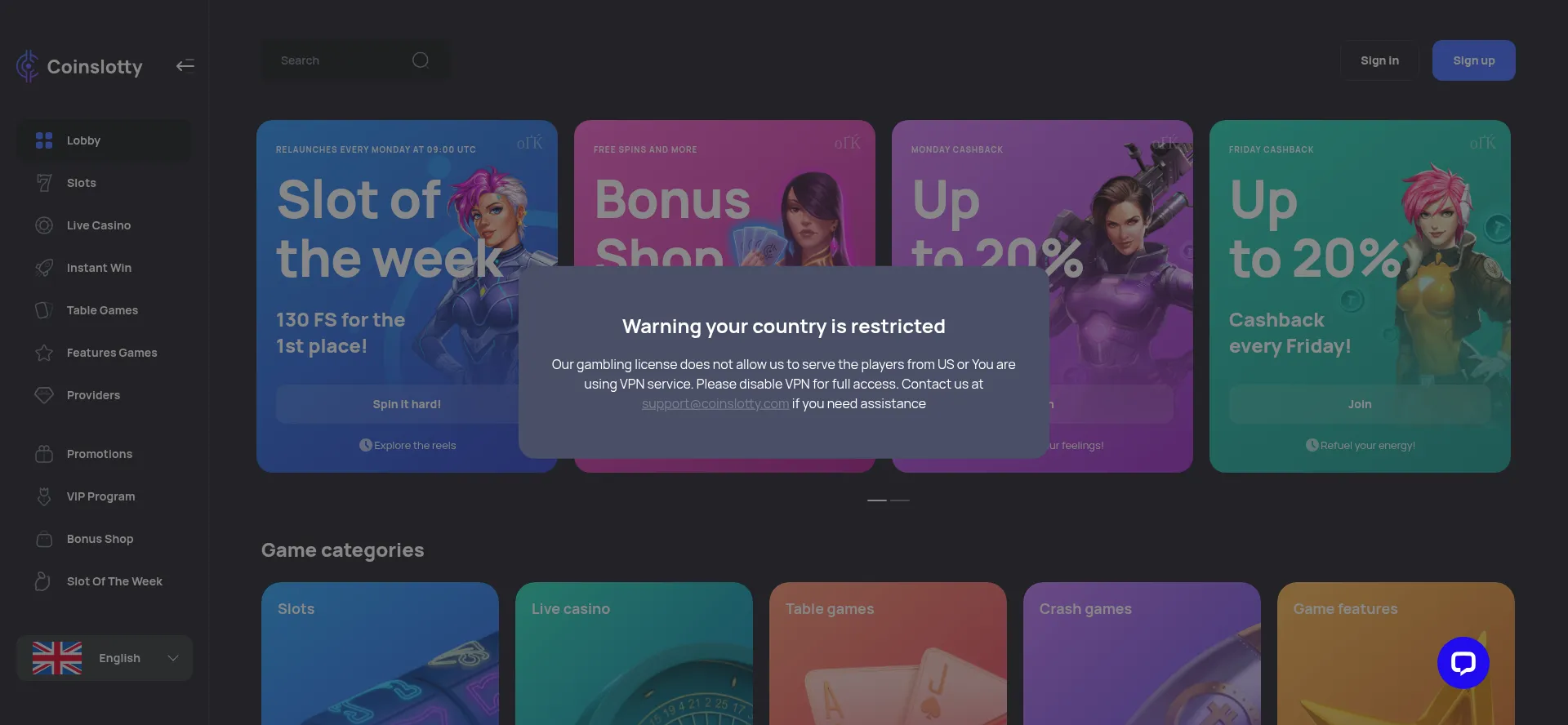 Website screenshot of Coinslotty.com