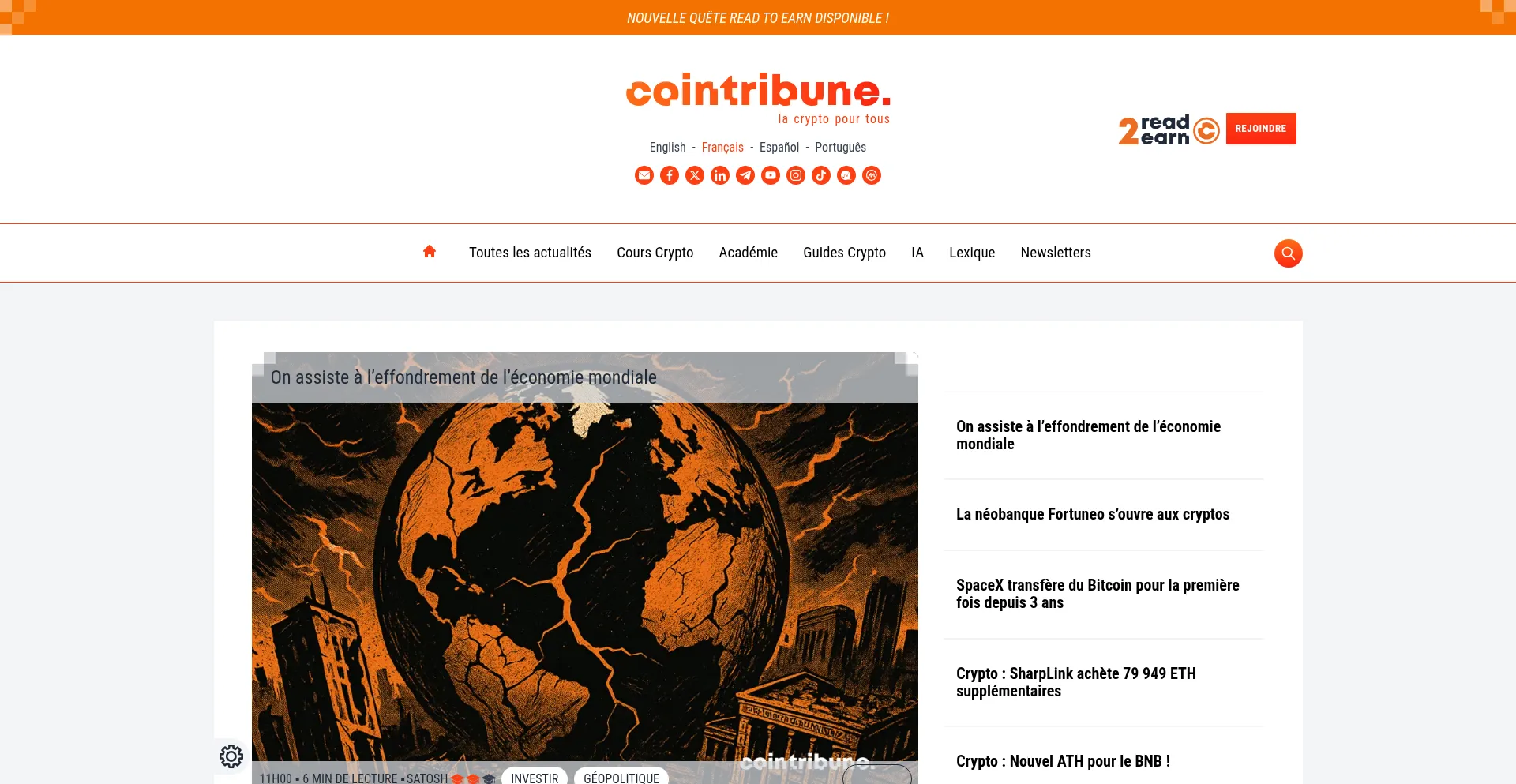 Website screenshot of Cointribune.com