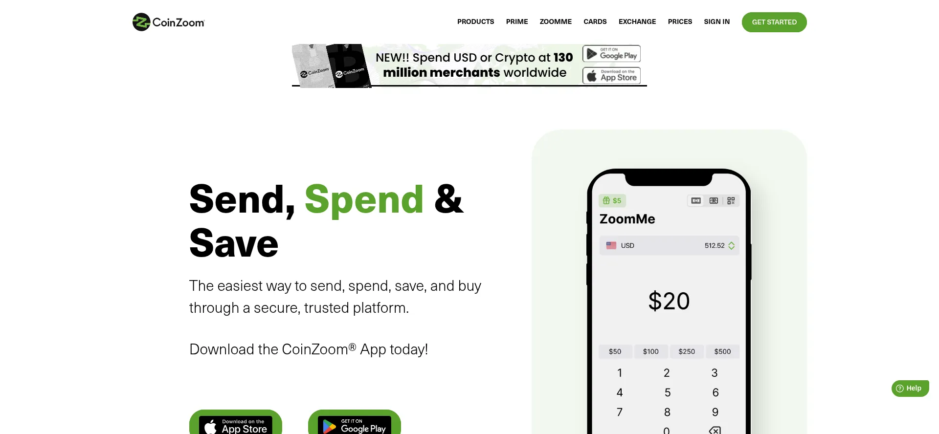 Website screenshot of Coinzoom.com
