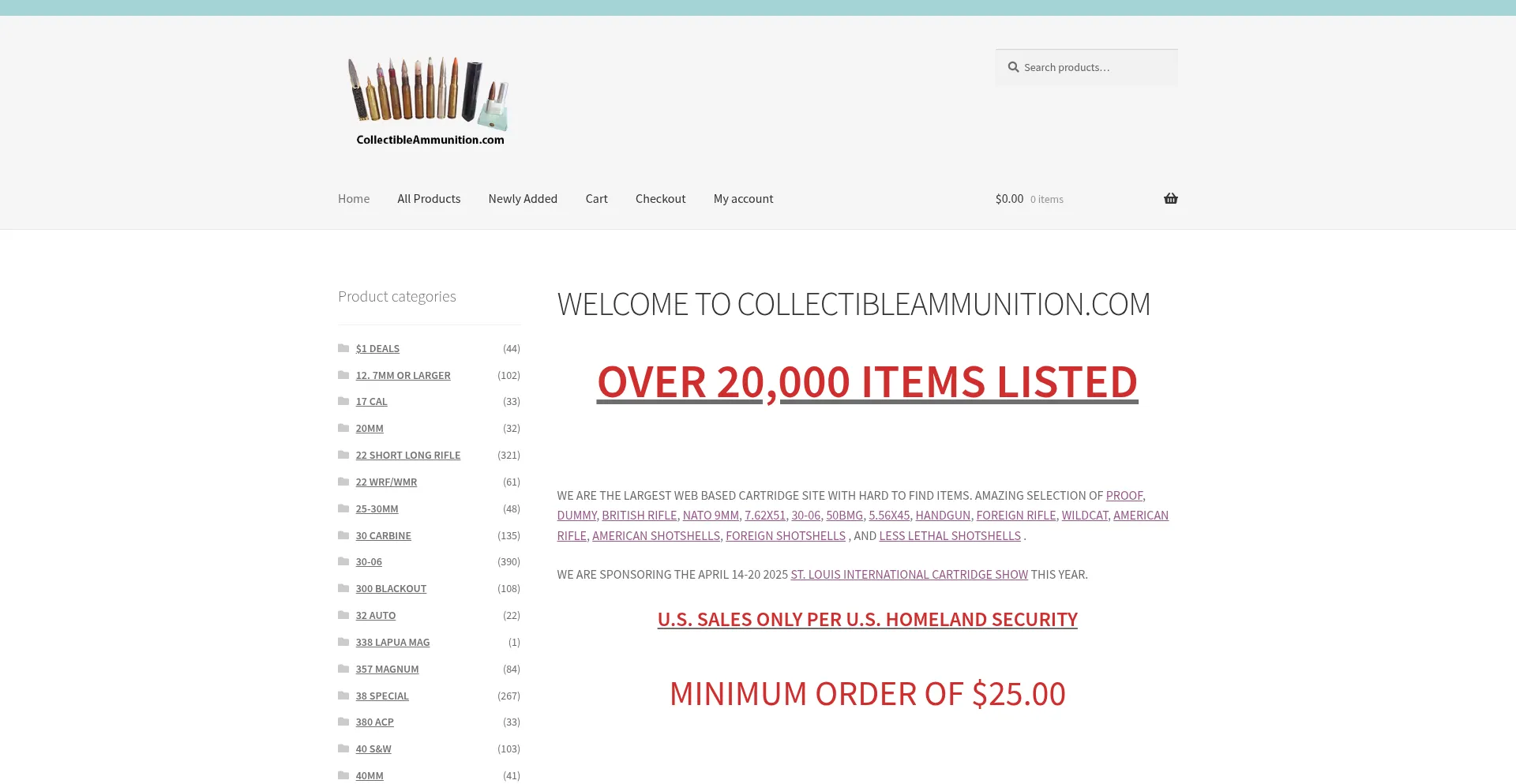 Website screenshot of Collectibleammunition.com