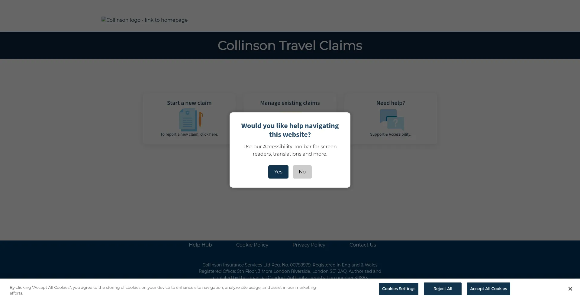 Website screenshot of Collinson.claimhere.co.uk
