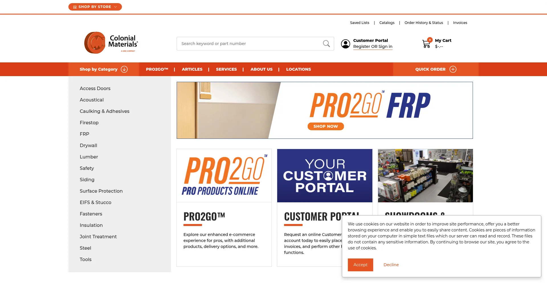Website screenshot of Colonialmaterials.com