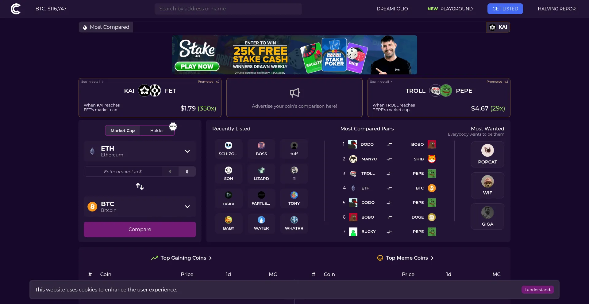 Website screenshot of Comparemarketcap.com