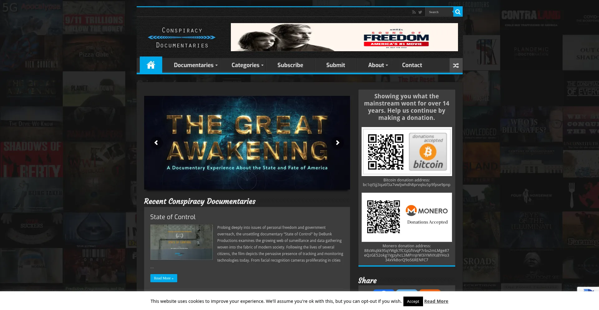 Website screenshot of Conspiracydocumentaries.com