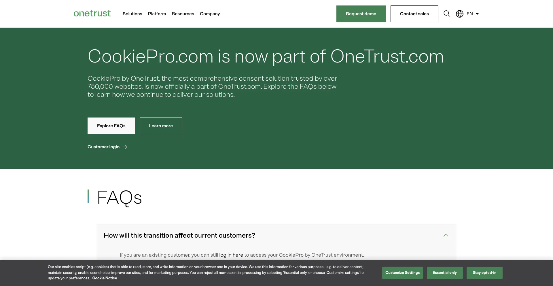 Website screenshot of Cookiepro.com