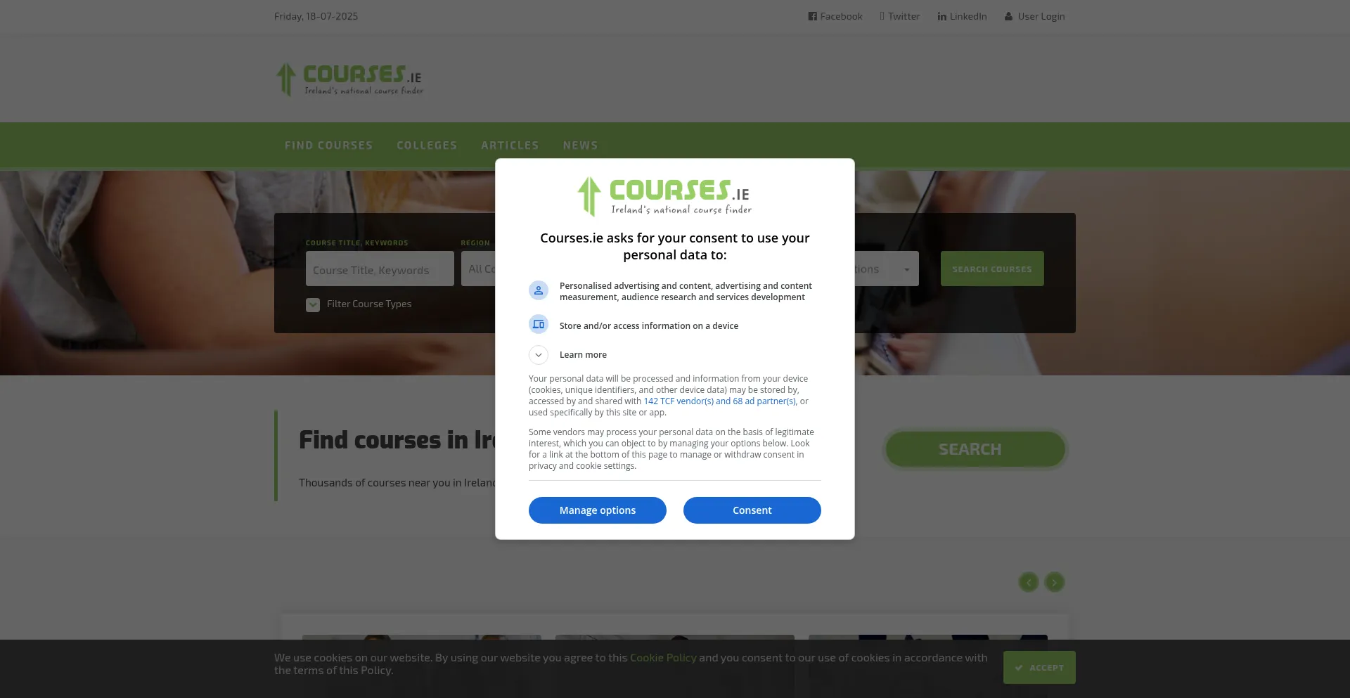 Website screenshot of Courses.ie
