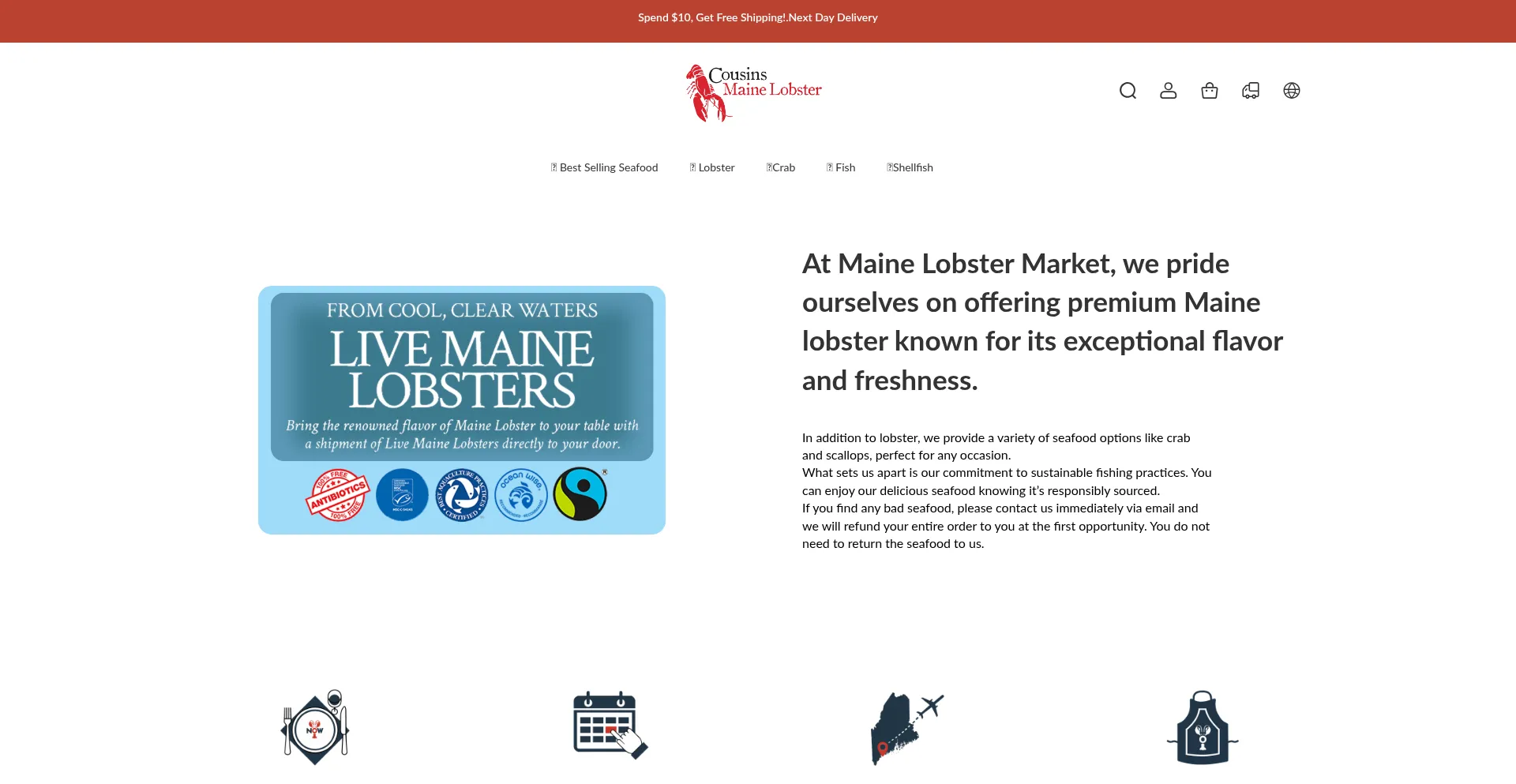 Website screenshot of Cousinsmainelobsters.shop