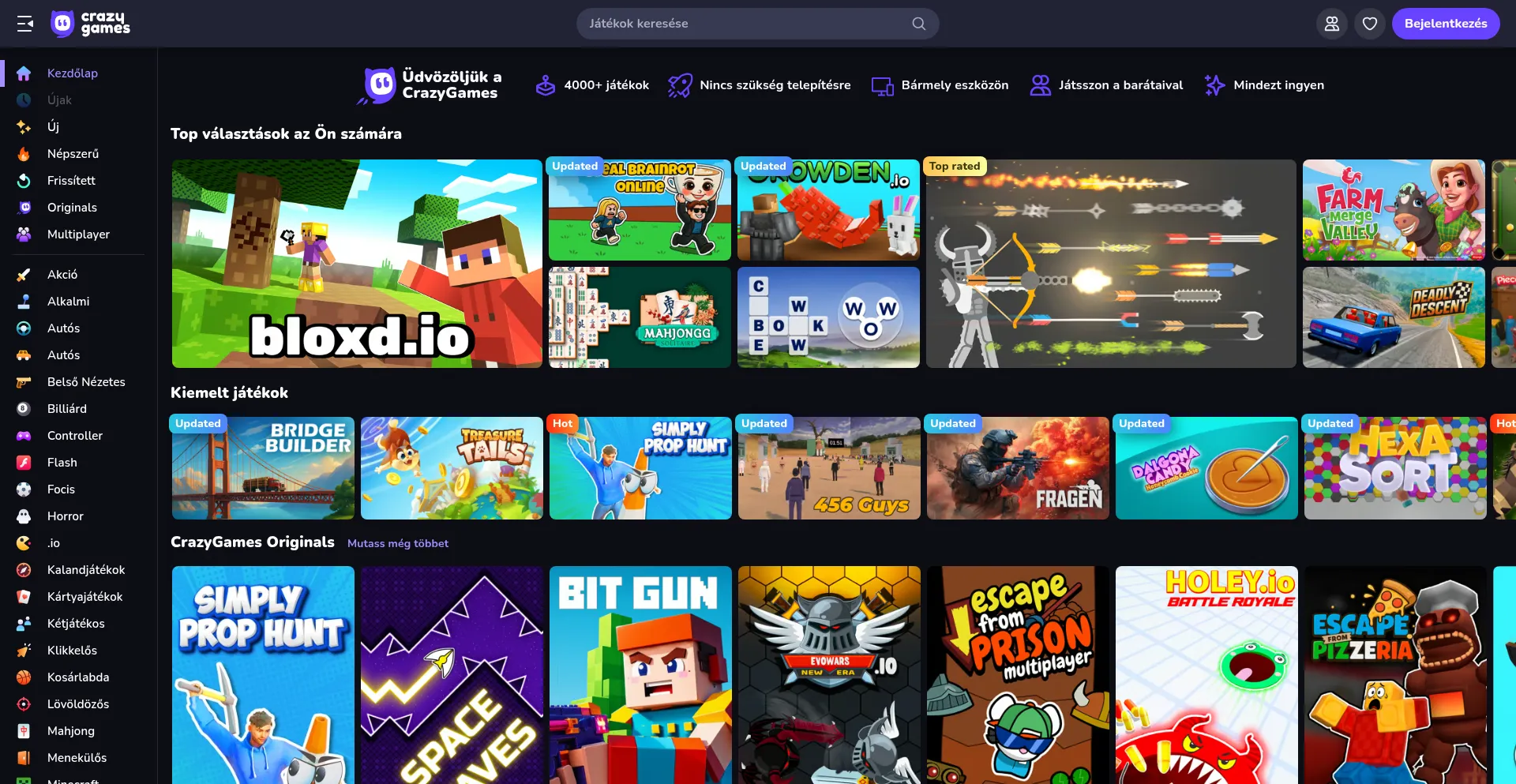 Website screenshot of Crazygames.hu