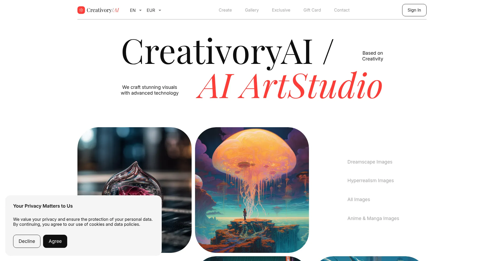 Website screenshot of Creativoryai.com