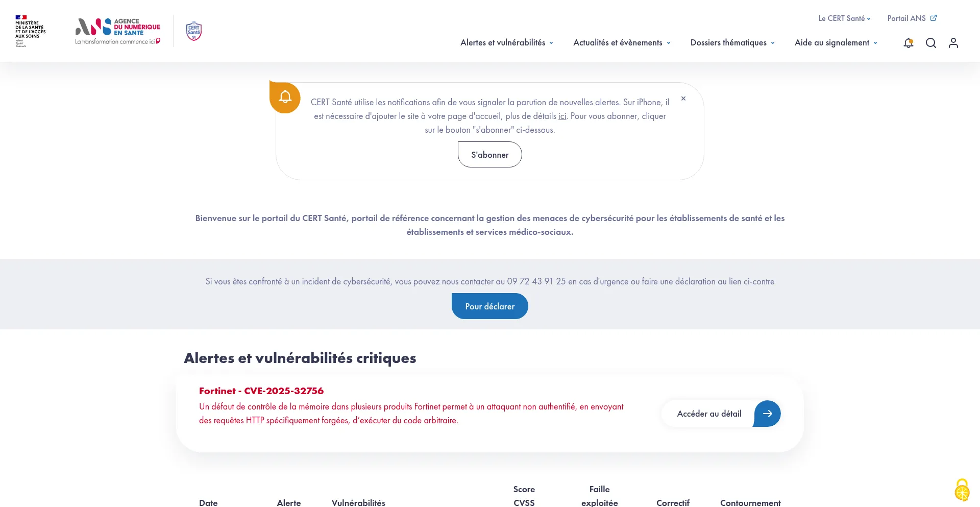 Website screenshot of Cyberveille.esante.gouv.fr