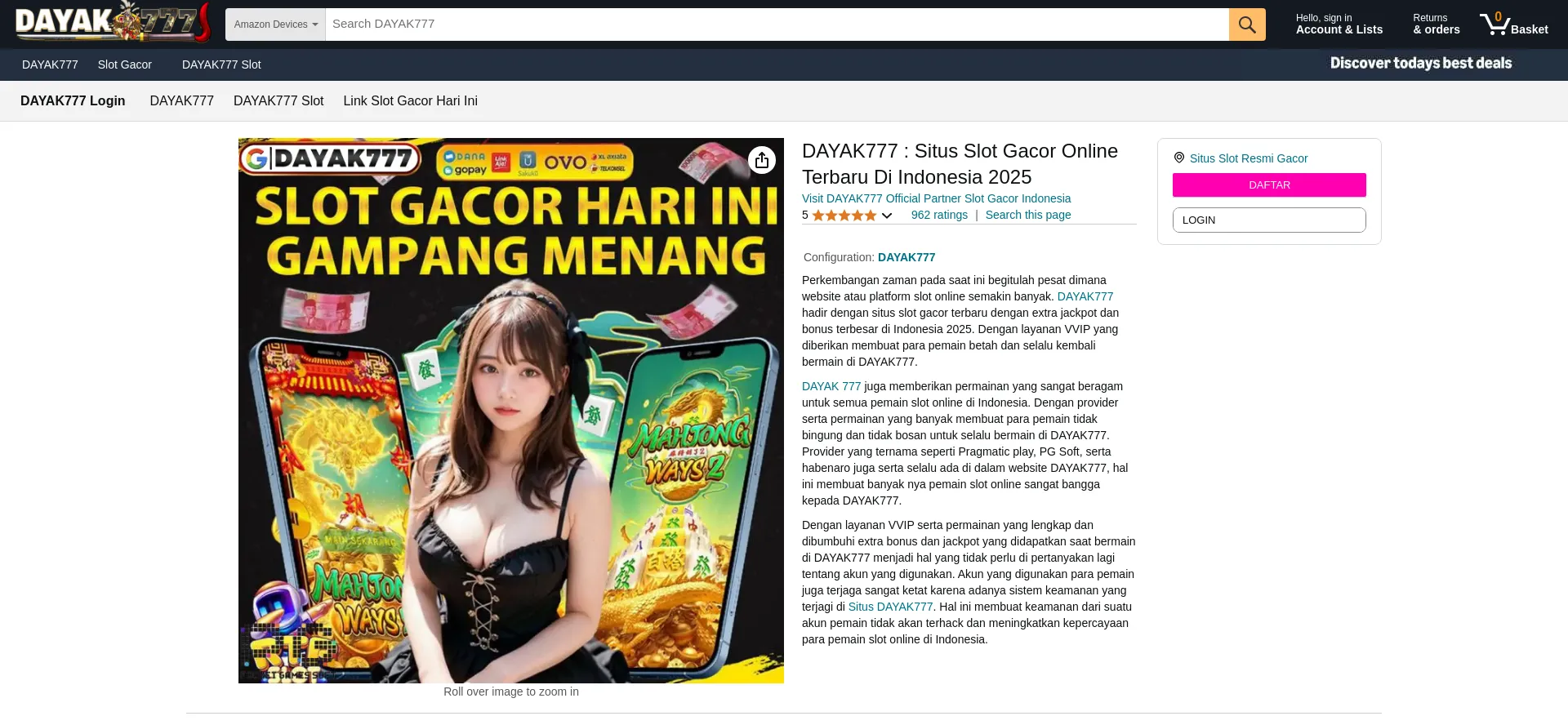 Website screenshot of Dayak777.com