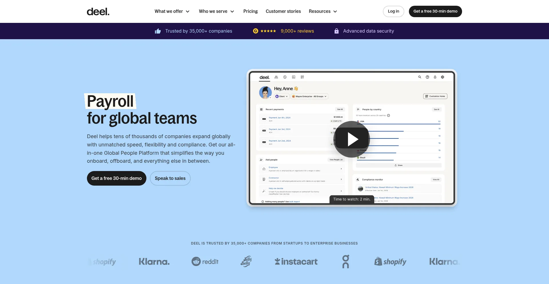 Website screenshot of Deel.com