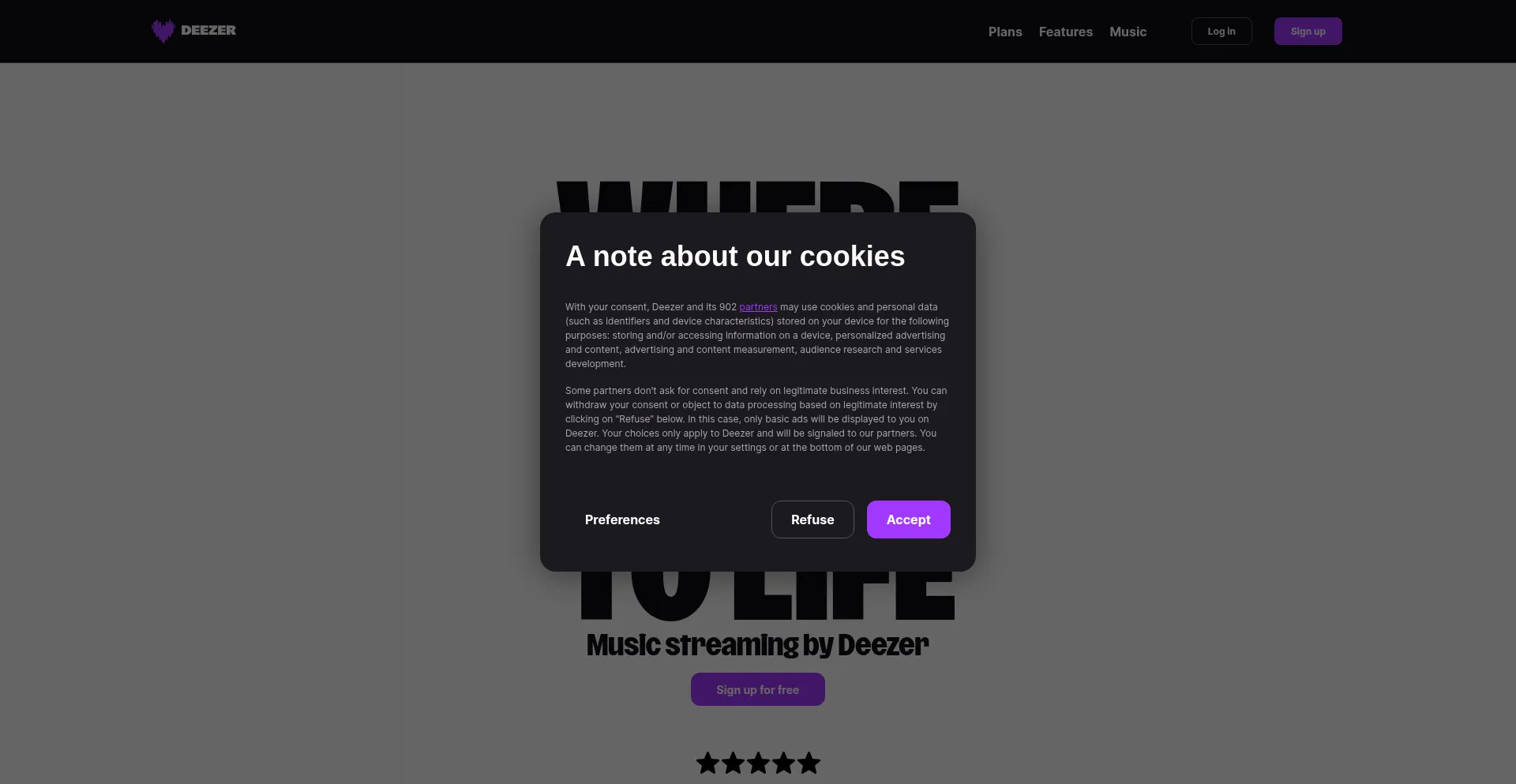 Website screenshot of Deezer.com