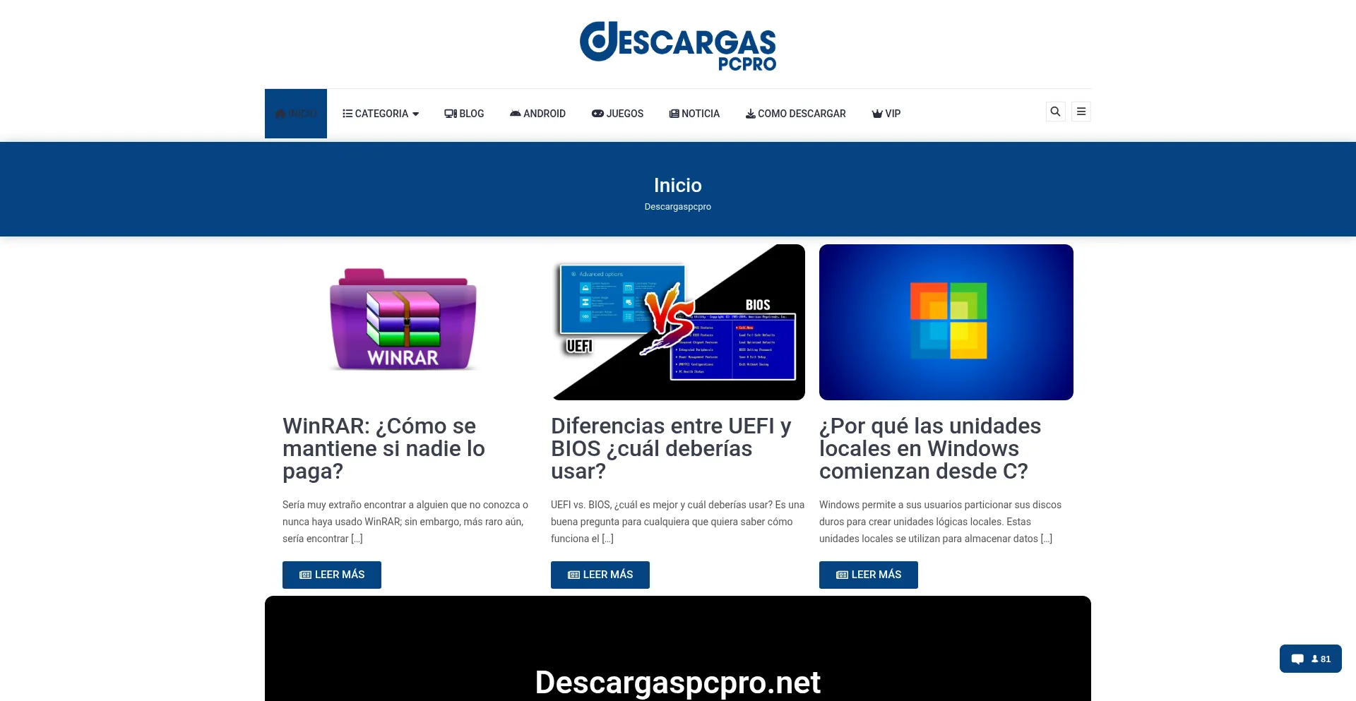 Website screenshot of Descargaspcpro.net