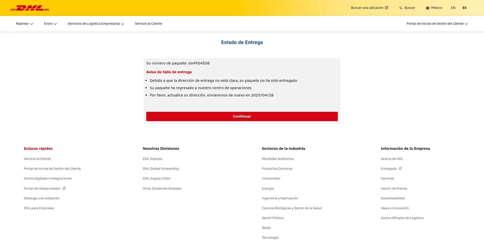 Website screenshot of Dhl.com-mx.site