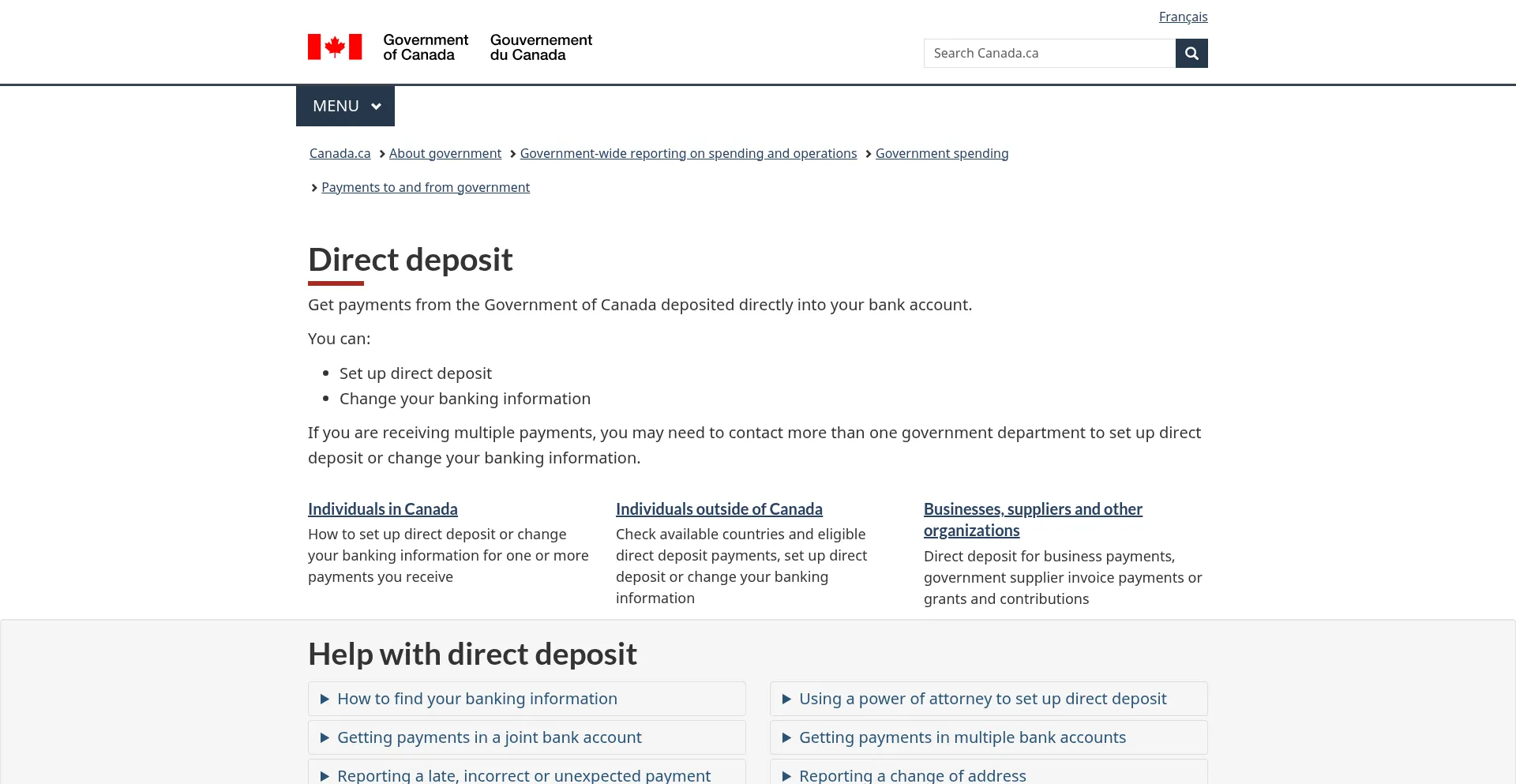 Website screenshot of Directdeposit.gc.ca