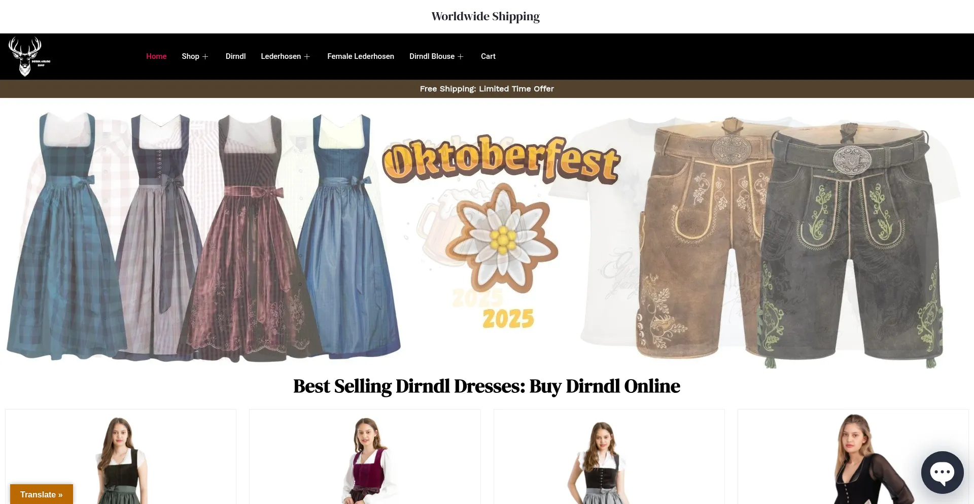 Website screenshot of Dirndlsonline.com