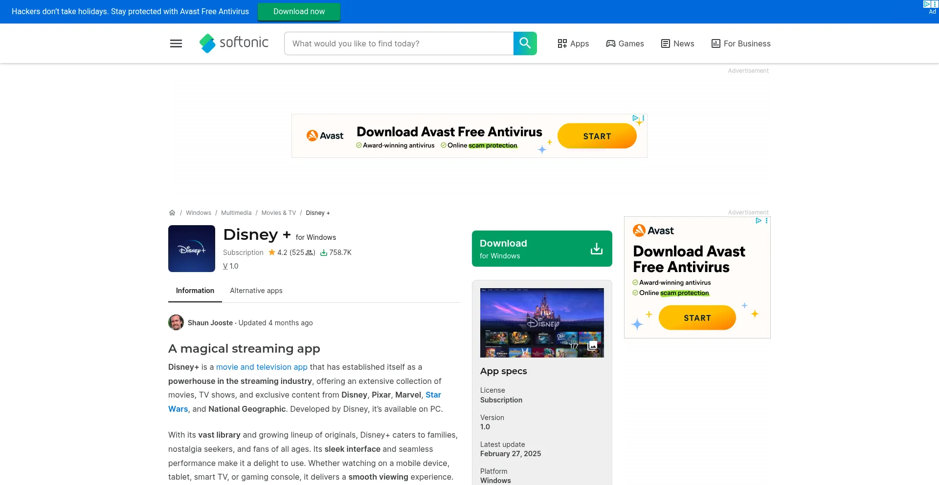 Website screenshot of Disney-plus.en.softonic.com