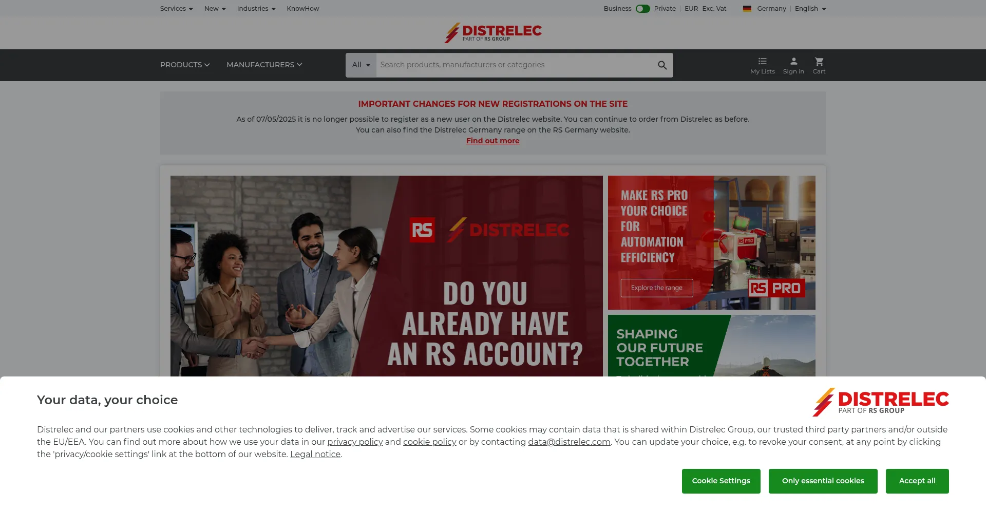 Website screenshot of Distrelec.de