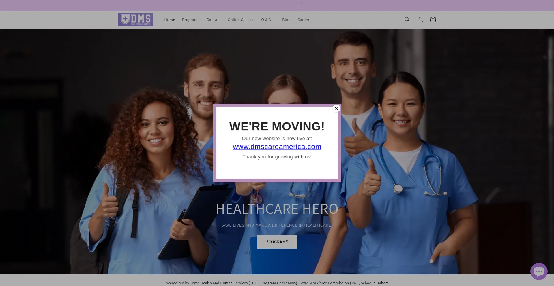 Website screenshot of Dmscaretraining.com