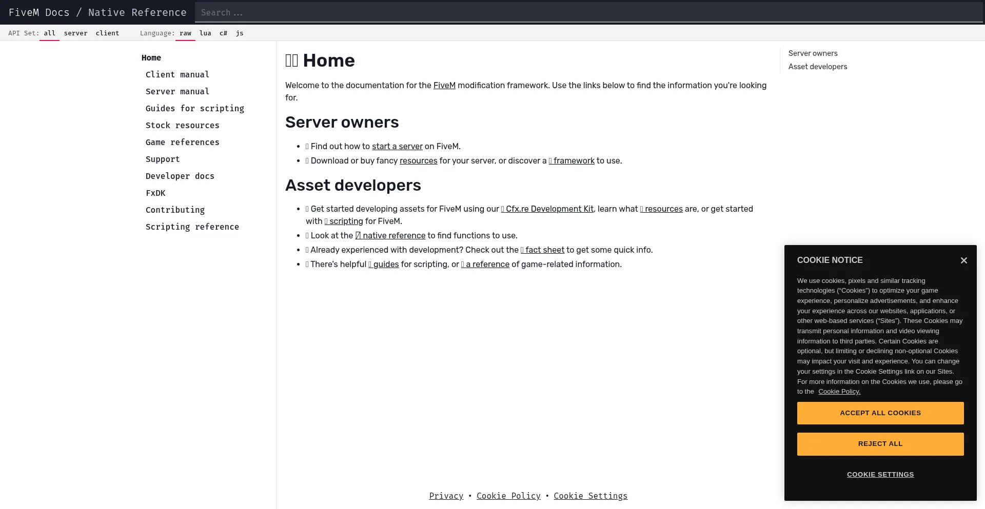 Website screenshot of Docs.fivem.net