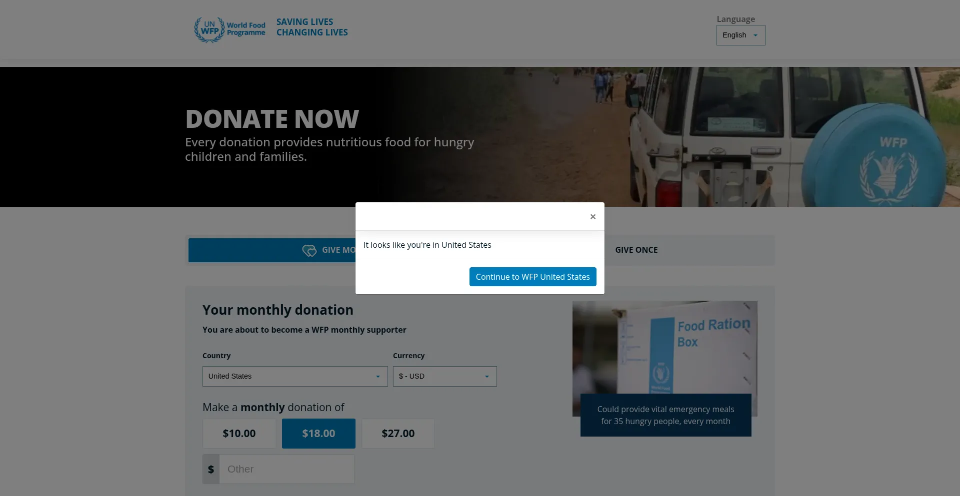 Website screenshot of Donate.wfp.org